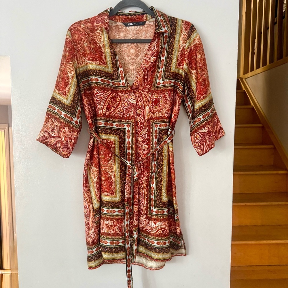 Zara Boho Paisley Scarf Pattern Shirt Dress Tunic - Earth Tones Retro